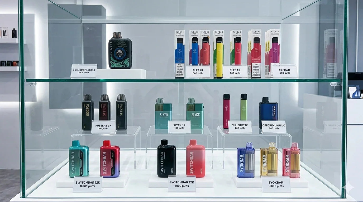 Assorted disposable vape devices displayed in glass case with puff counts, including Switchbar, Elfbar, and Slyck models