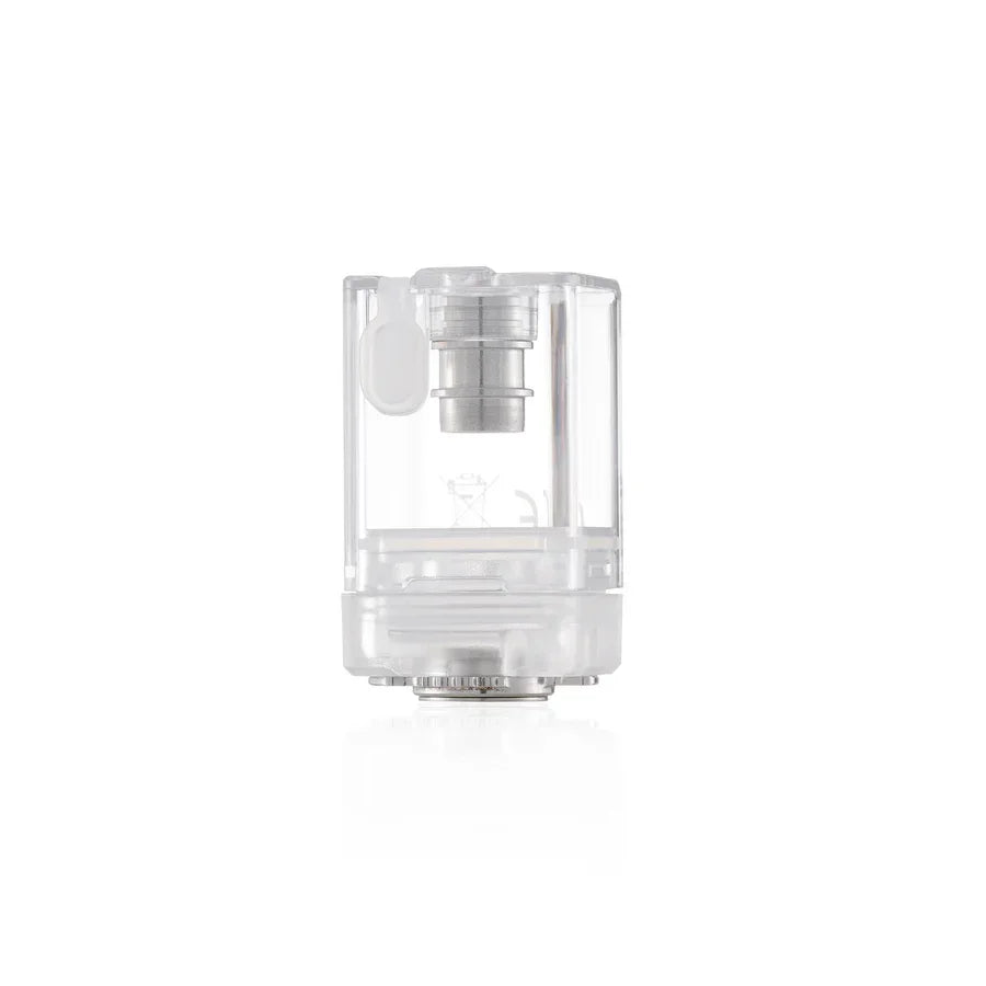 Clear vape pod cartridge with metal coil and refill port for e-liquids