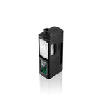 Black vape device with digital display and clear tank, showcasing modern vaping technology