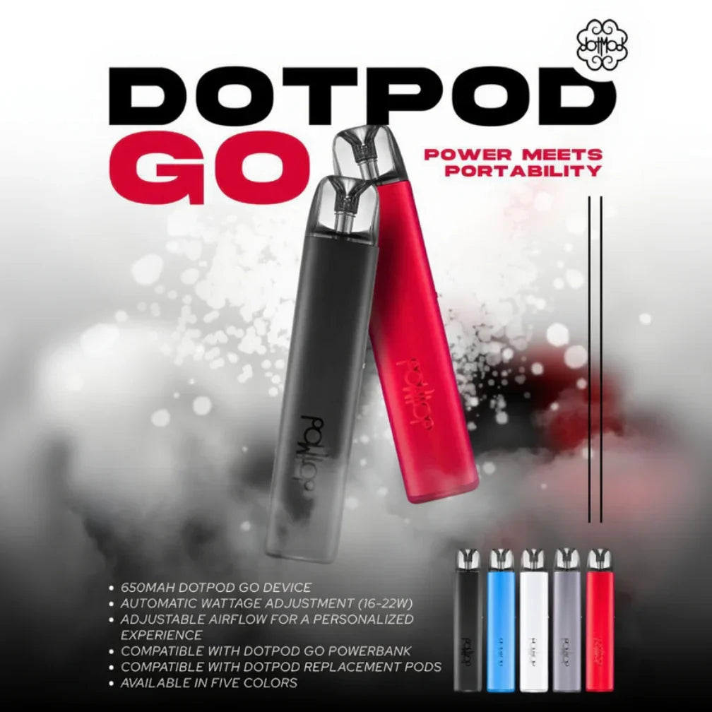 DotPod Go vape device in black and red, portable with adjustable airflow, available in five colors