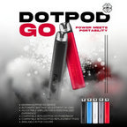 DotPod Go vape device in black and red, portable with adjustable airflow, available in five colors