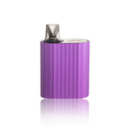 Purple ribbed vape device with clear mouthpiece, compact design for portable use