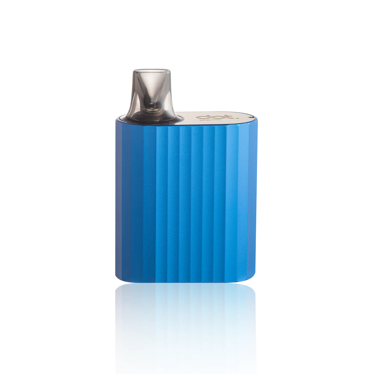 Blue portable vaporizer with ribbed design and clear mouthpiece, sleek modern look