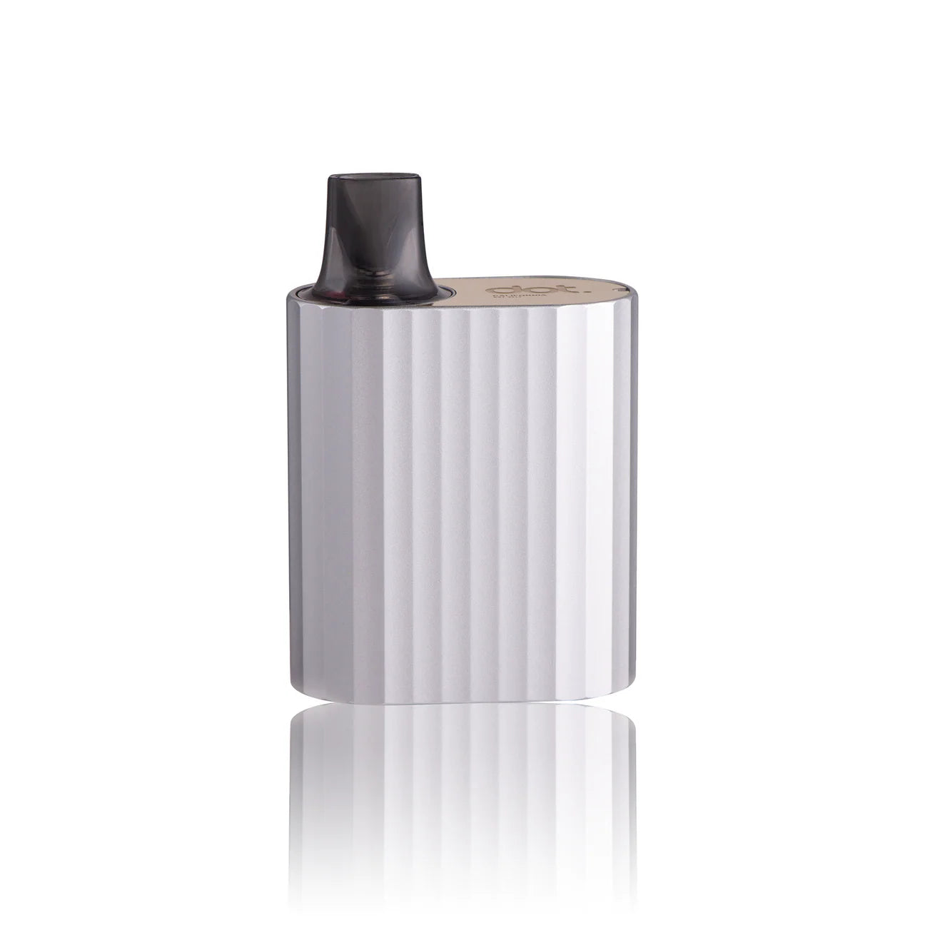 Silver ribbed vape device with black mouthpiece, sleek portable design for vaping