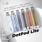 All New DotPod Lite vape devices in multiple colors, 30W output, 1000mAh battery, 2ML capacity