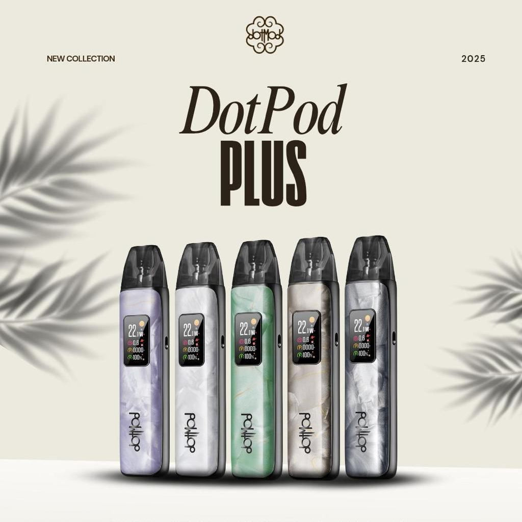 DotPod Plus 2025 vape devices in five marble finishes with digital displays, new collection