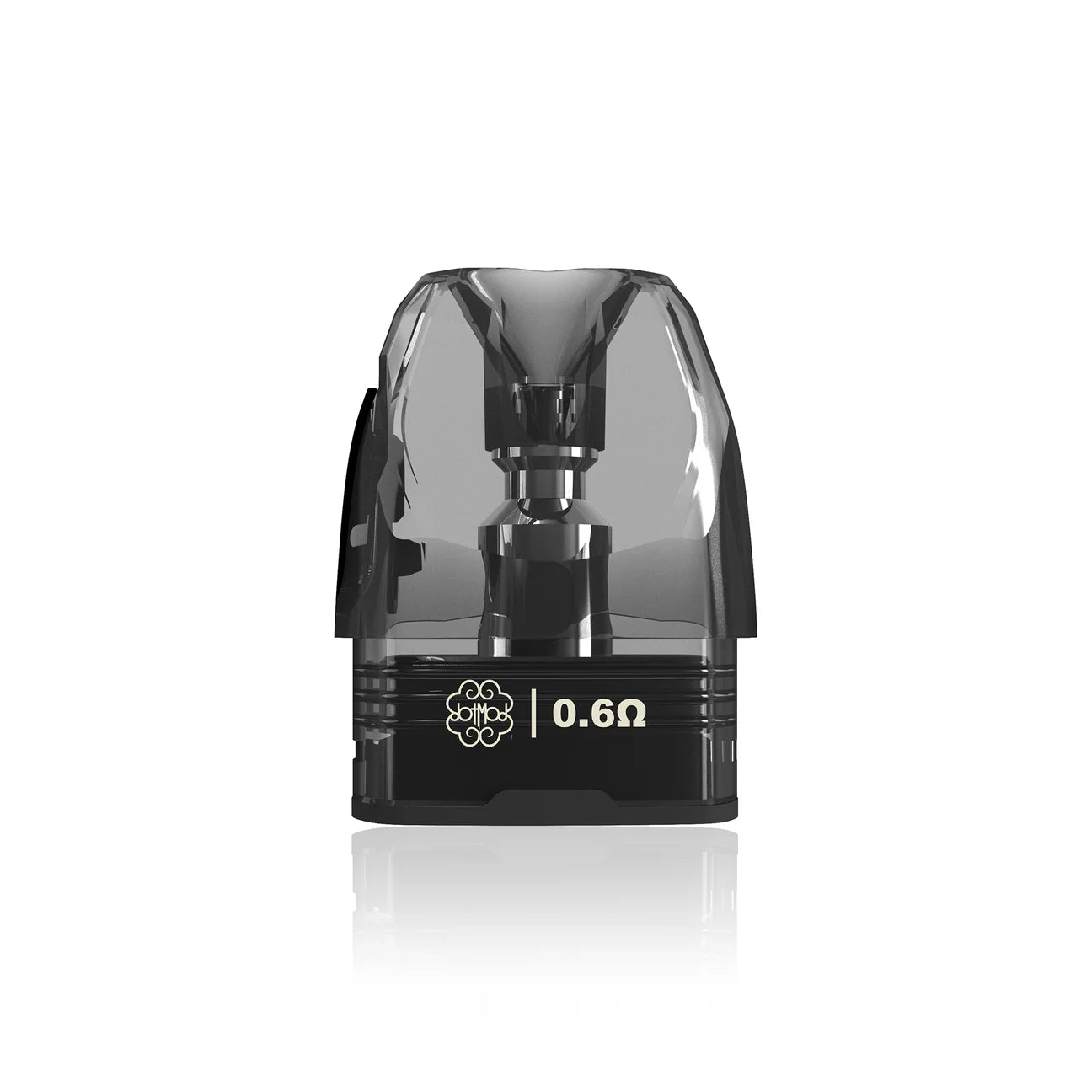 0.6 ohm vape pod with clear chamber and black base, designed for refillable e-liquid use