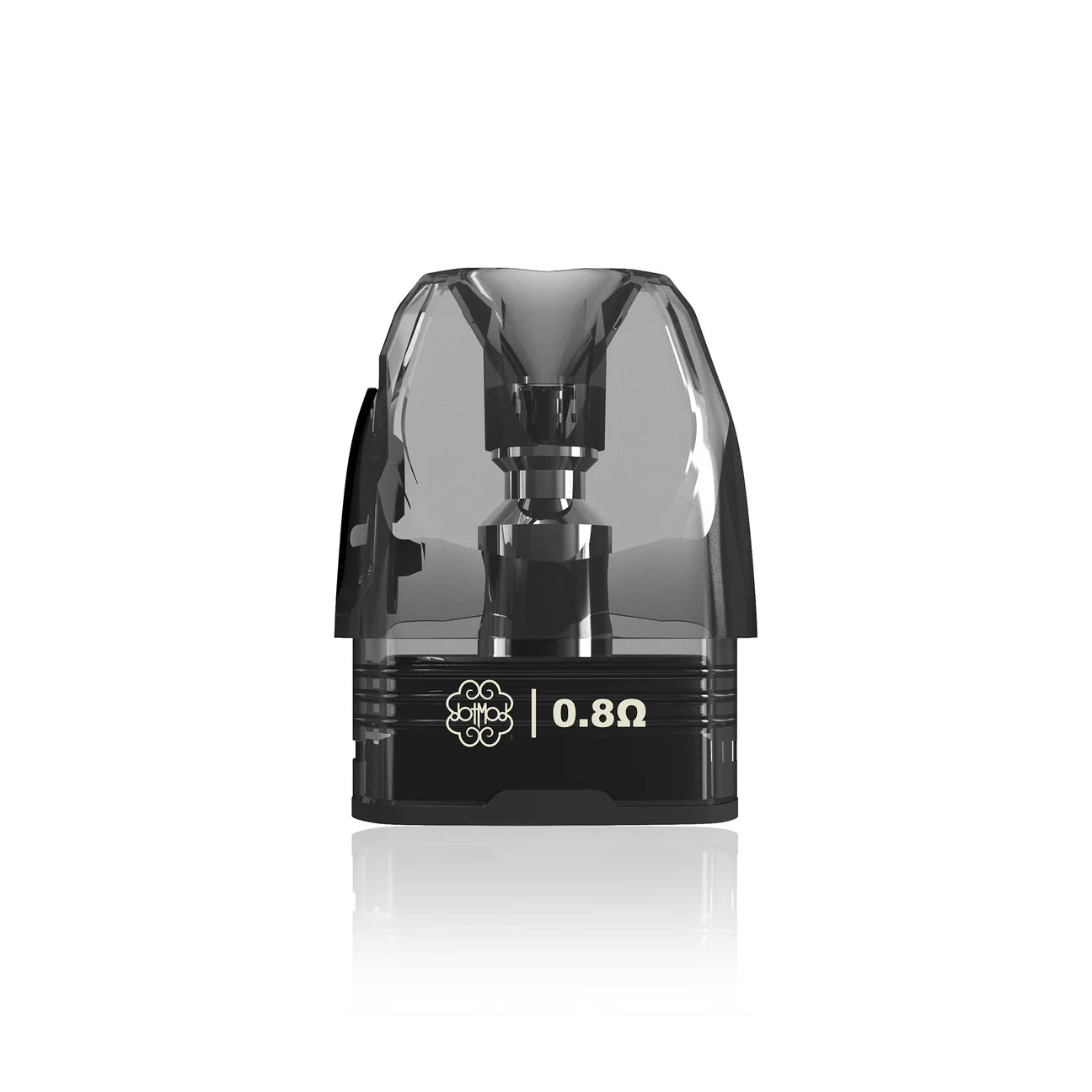 0.8 ohm vape pod with clear cartridge and black base, designed for refillable use