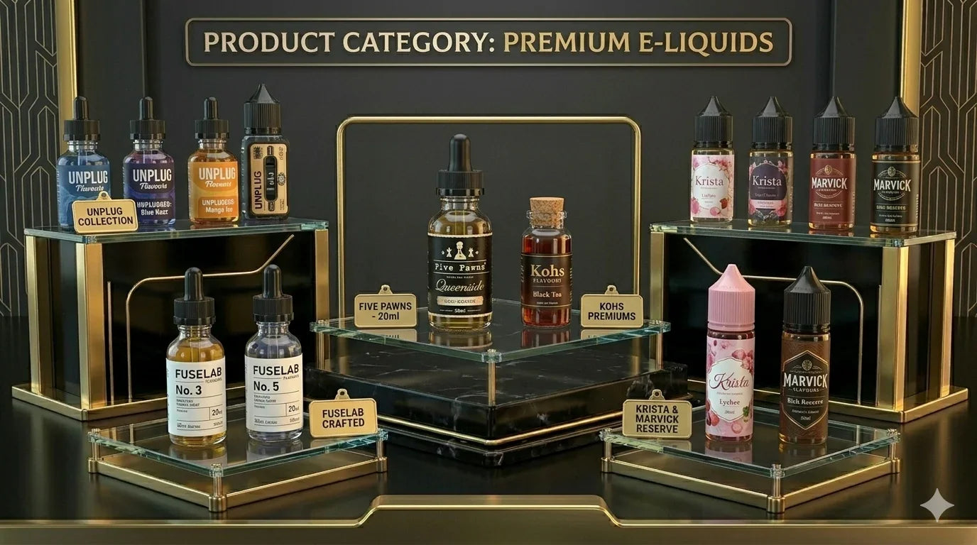 Premium e-liquids display with Unplug, Five Pawns, Krista, Marvick, and Fuselab flavors in elegant glass bottles