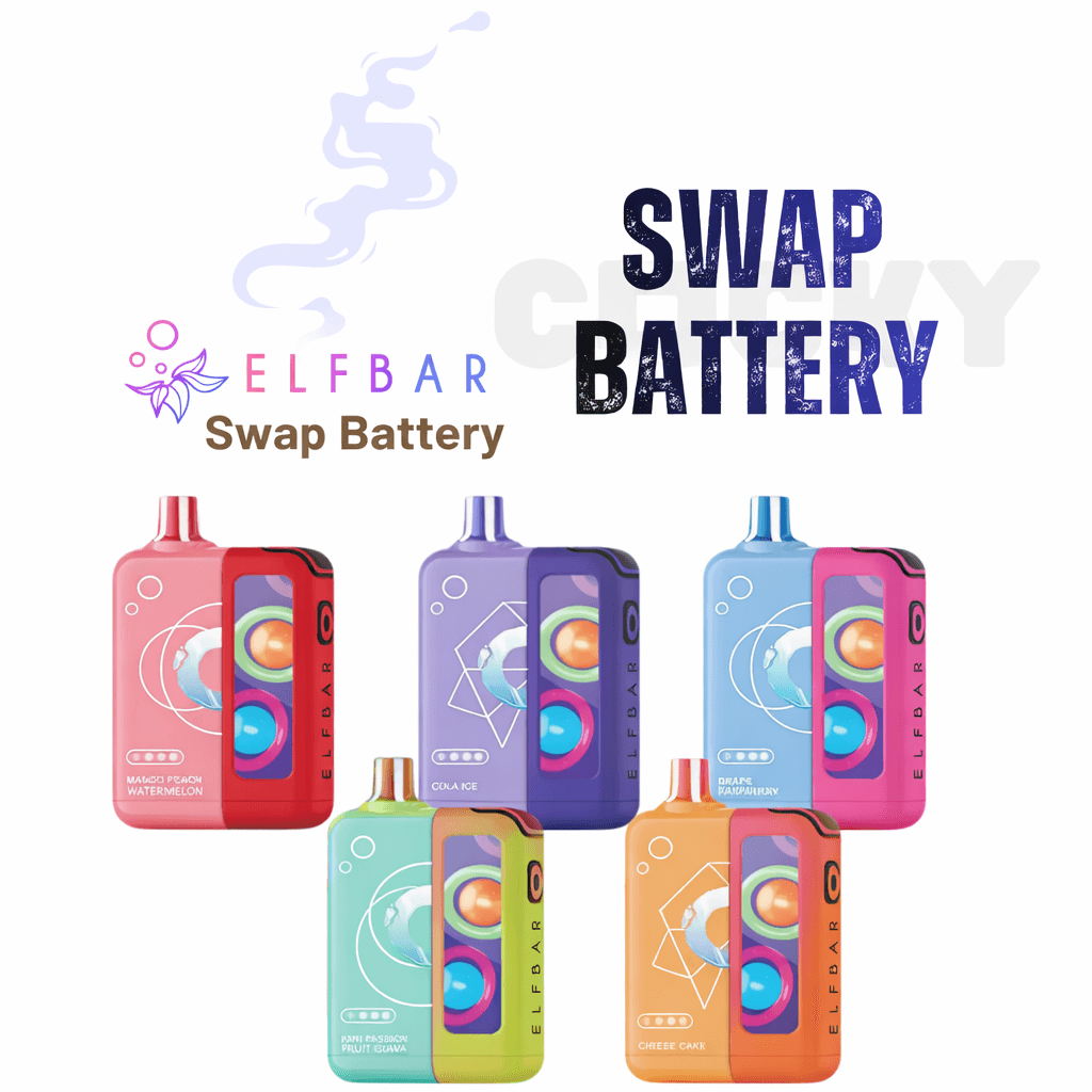 Elf Bar Swap Battery vape devices in colorful flavors like watermelon, cola ice, and cheesecake
