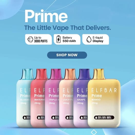 Elf Bar Prime disposable vape devices in multiple flavors with 3000 puffs and 550mAh battery