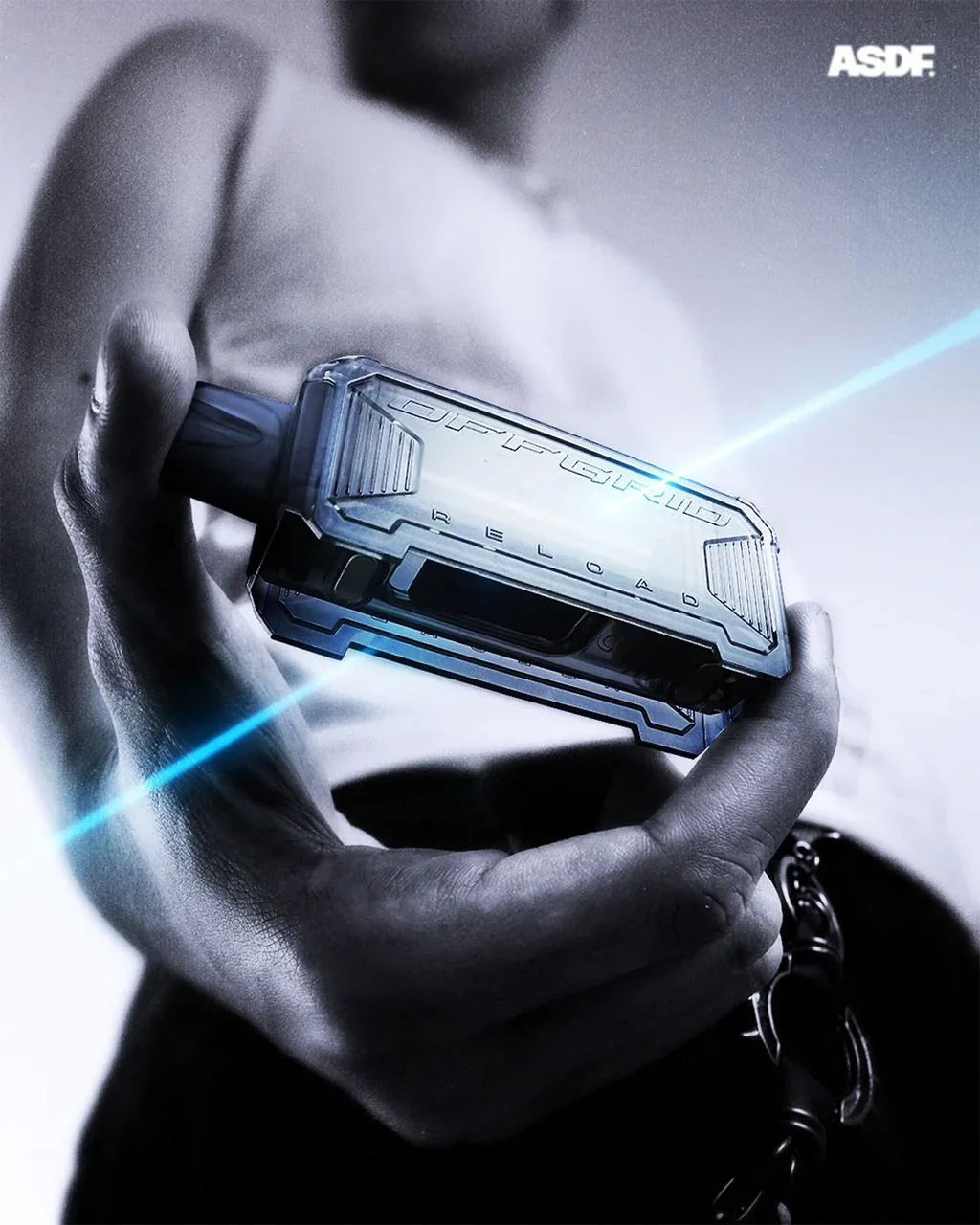 ASDF Offgrid Reload vape device with blue light, held in hand, futuristic design
