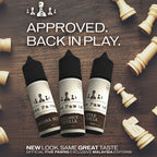 Five Pawns vape juice bottles with chess pieces, featuring Banana Nut, Coconut Vanilla, Apple Vanilla flavors