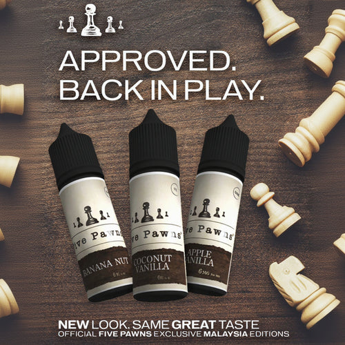 Five Pawns vape juice bottles with chess pieces, featuring Banana Nut, Coconut Vanilla, Apple Vanilla flavors