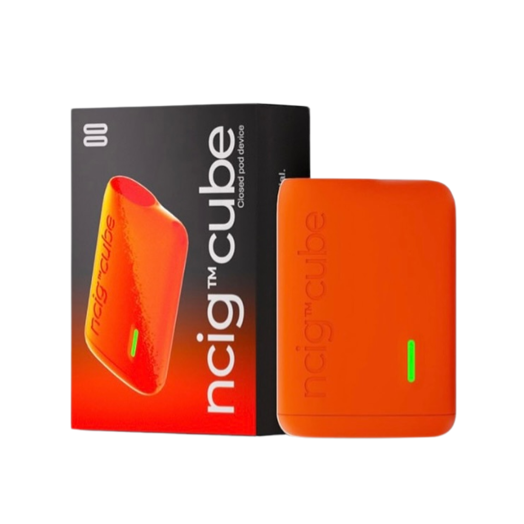 ncig cube closed pod device in vibrant orange with green indicator light