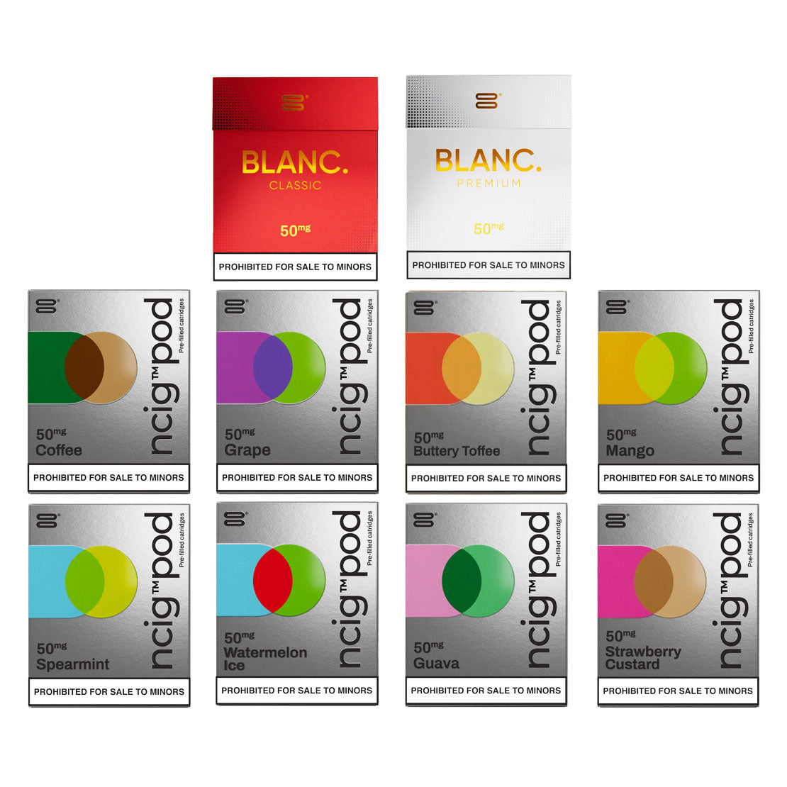ncig pod 50mg vape cartridges in assorted flavors like Coffee, Grape, Mango, and Strawberry Custard