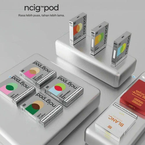 ncig pod vape cartridges in assorted flavors displayed on sleek stands