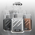 NexGen Pro vape devices in silver, black, and bronze with digital displays showing 99%