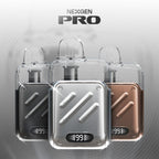 NexGen Pro vape devices in silver, black, and bronze with digital displays showing 99%
