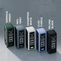 Five vape devices in emerald green, neo grey, champion white, lilac purple, and beluga black with digital displays