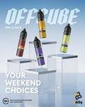 Offvibe 10ml e-juice bottles in assorted flavors, displayed on clear stands for weekend vaping choices