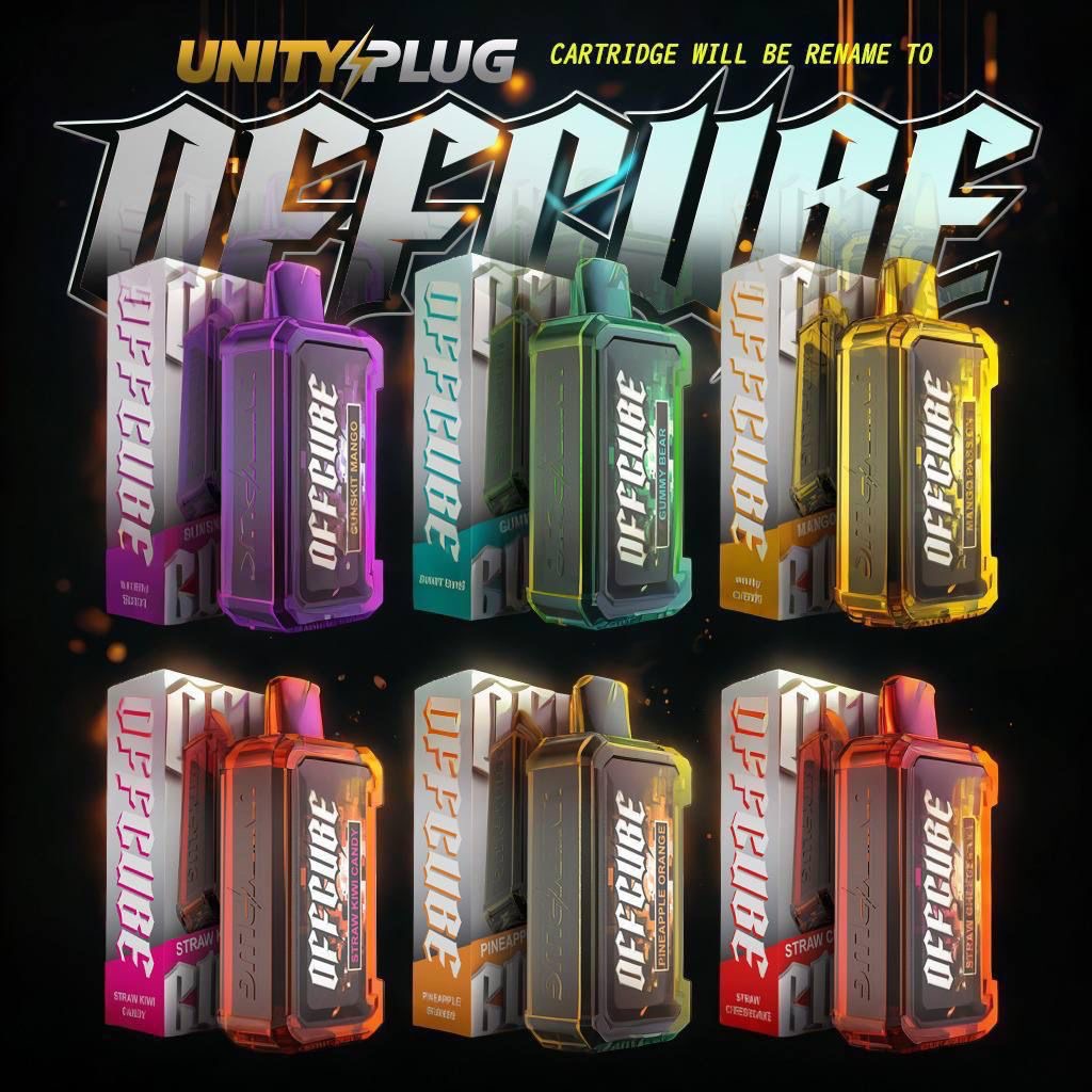 Unity Plug Offcube vape devices in multiple flavors and colors, featuring bold branding and vibrant packaging