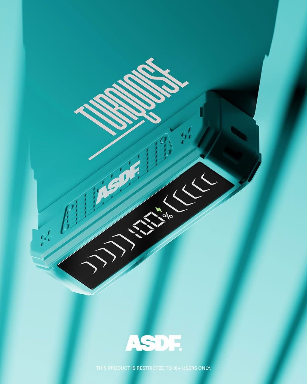Turquoise ASDF vape device with digital display showing 100% battery, sleek modern design