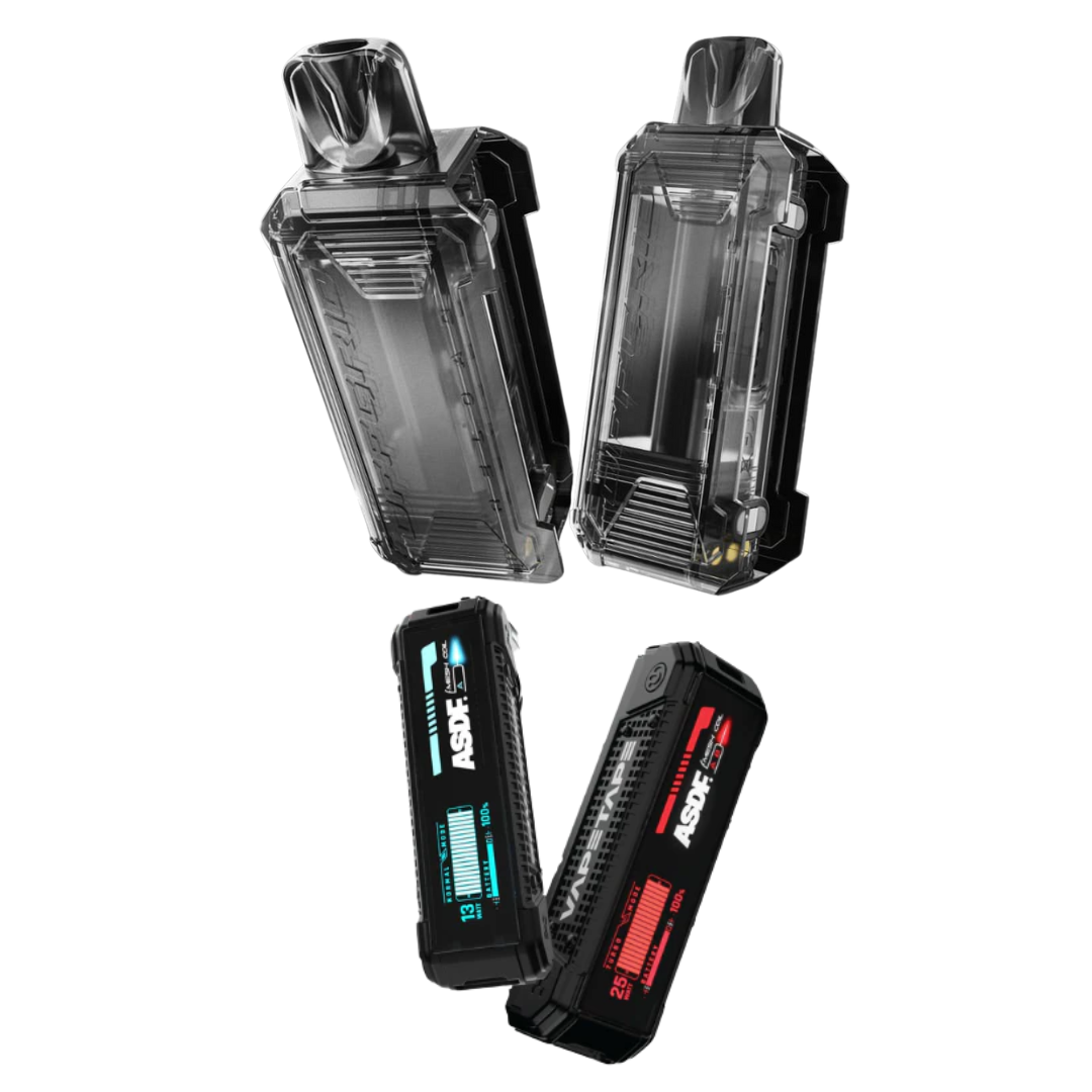 ASDF vape devices with clear pods and digital displays, featuring 13K and 25K puff counts