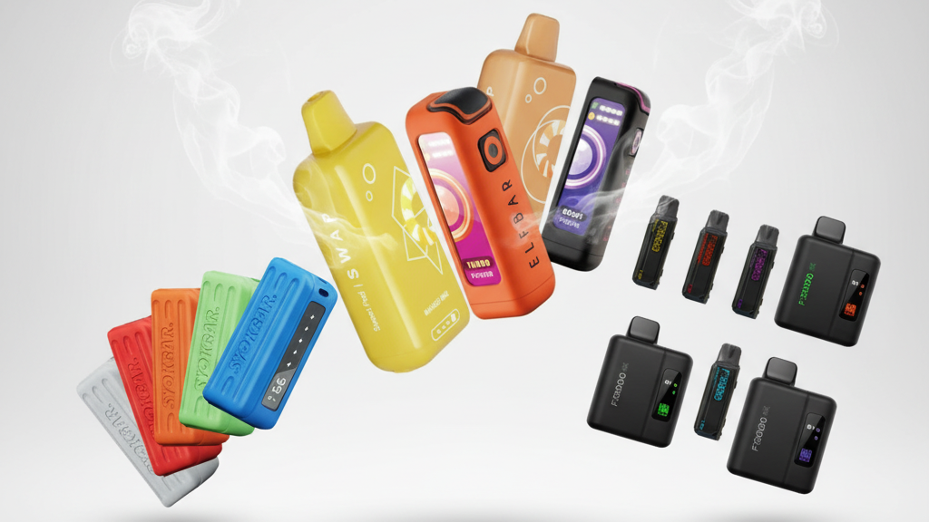 Colorful disposable vape pens with digital displays and vapor effects, featuring various models and flavors