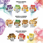 Trevia, Novella & Deluxe vape series with fruity ice, creamy, and premium blend flavors like grape, coffee, and banana milk