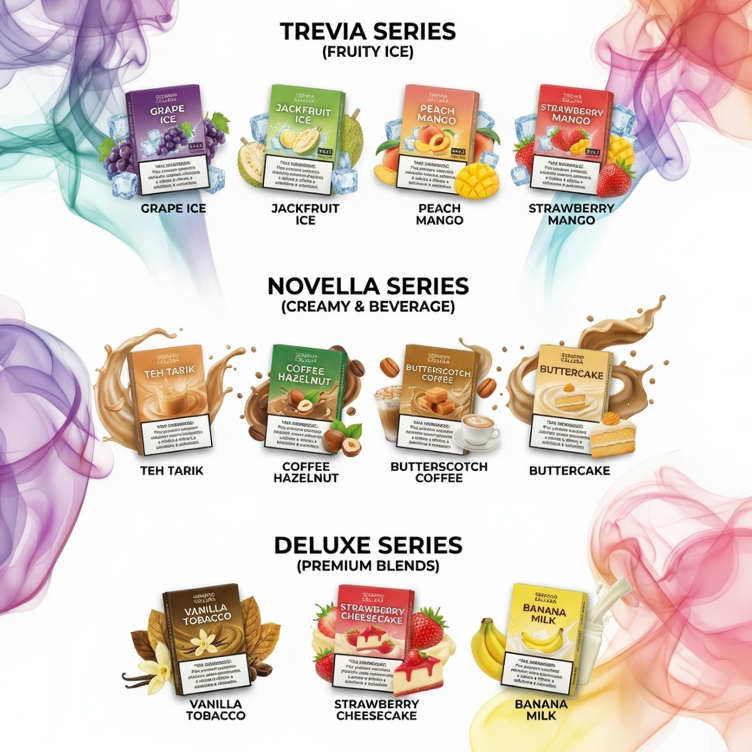 Trevia, Novella & Deluxe vape series with fruity ice, creamy, and premium blend flavors like grape, coffee, and banana milk