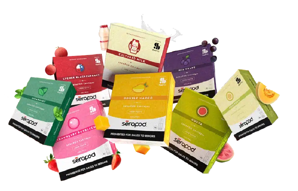 Serapod vape cartridges in assorted flavors like mango, grape, and strawberry with fresh fruit accents