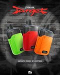 SYOKBAR Target open pod system vape devices in green, red, and orange against a brick wall