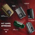 Syokpod Pro vape devices in gold, black, green, and gray with large display and adjustable watts