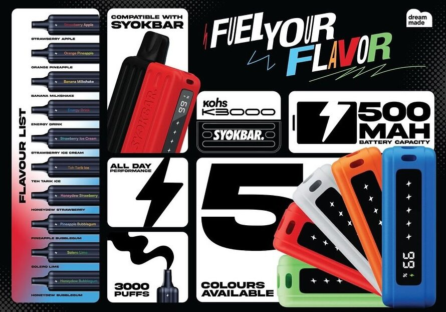 Kohs K3000 disposable vape with 5000mAh battery, 3000 puffs, multiple flavors and colors, compatible with Syokbar