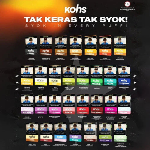 Kohs vape pods variety pack with bold flavors like coffee, mango, grape, and strawberry for adult smokers
