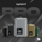 Syokpod Pro vape devices in Obsidian, Graphite, Iridium, Midas, and Forest colors with digital displays