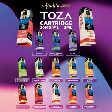 Aladdin Pro TOZA vape cartridges in assorted flavors, 20mg/mL, 3mL each, displayed against gradient purple background